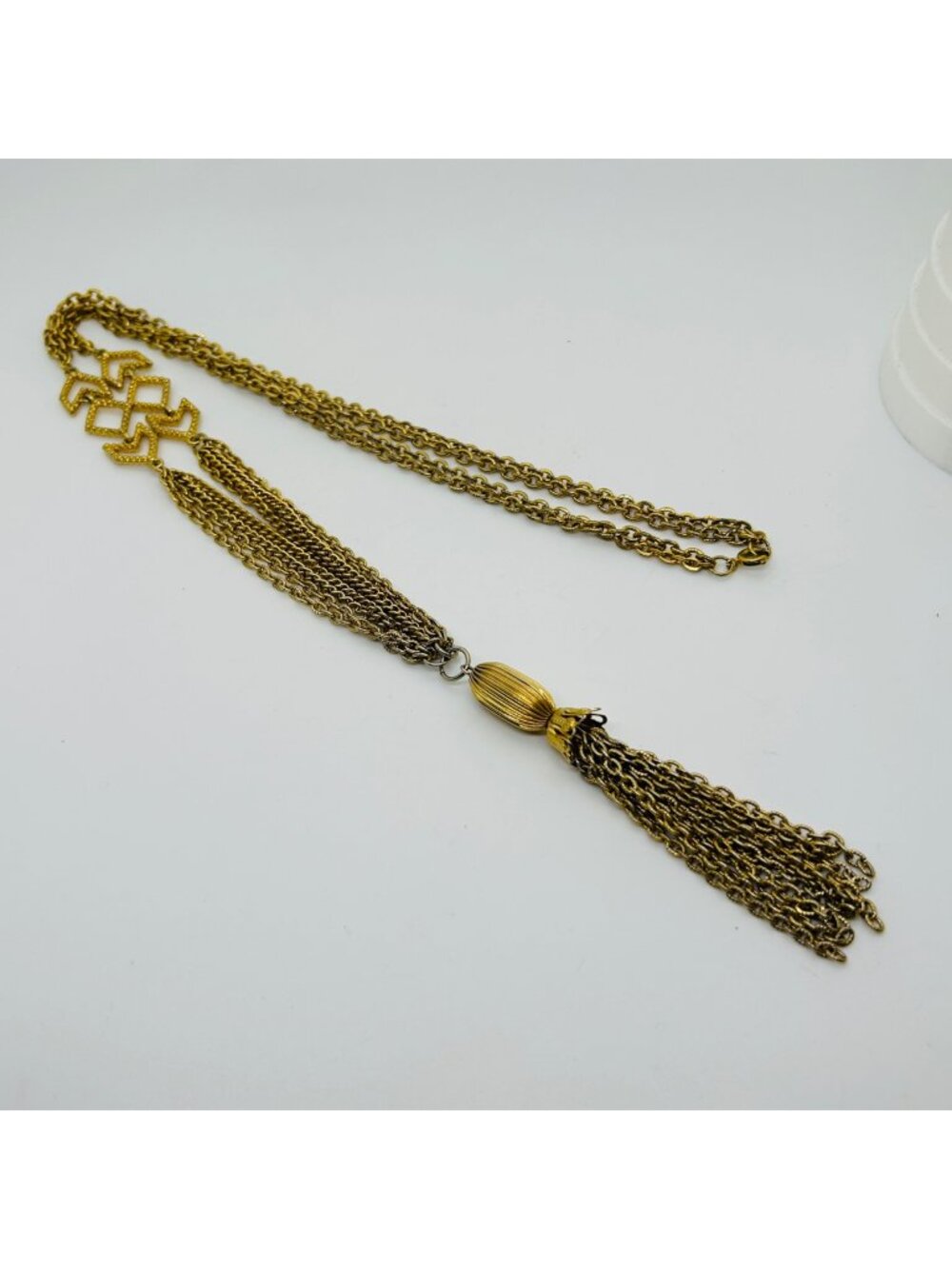 Gold Tone Multi Chain Tassel Necklace Pendant Geometric Statement Vintage